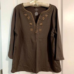 Brown Embroidered V neck Tunic 3/4 sleeve XL